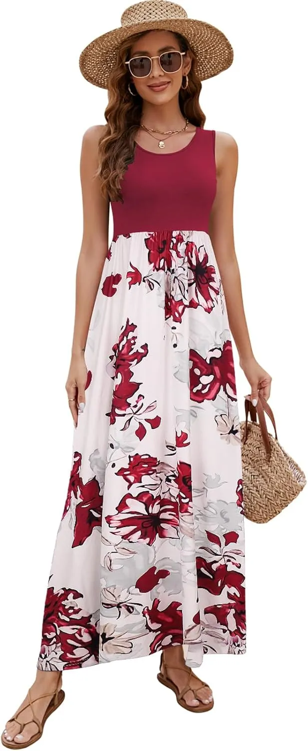 Sherosa Women Boho Chevron Striped Floral Printed Summer Sleeveless Tank Long Maxi Party Dress
