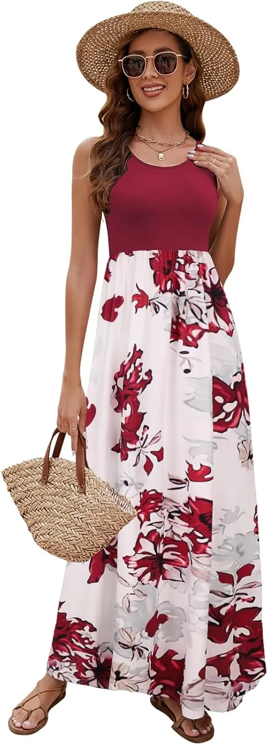 Sherosa Women Boho Chevron Striped Floral Printed Summer Sleeveless Tank Long Maxi Party Dress