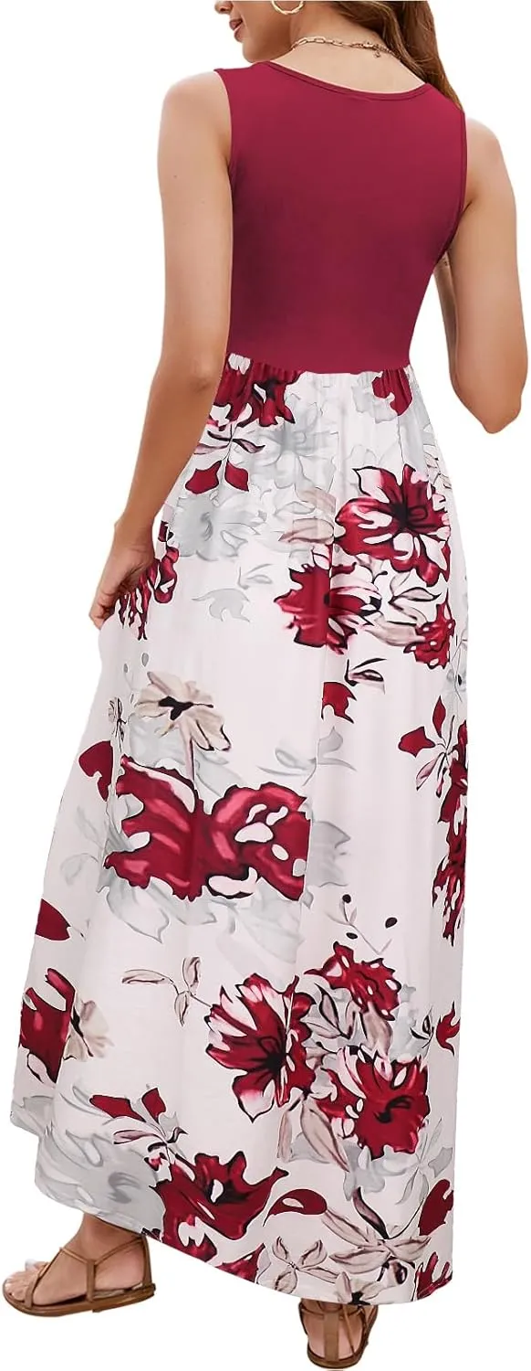 Sherosa Women Boho Chevron Striped Floral Printed Summer Sleeveless Tank Long Maxi Party Dress