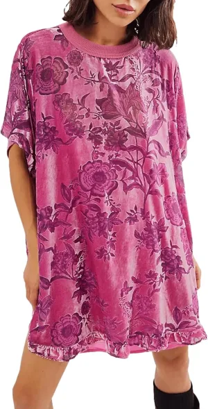 Women Short Sleeve Velvet Mini Dress Vintage Crew Neck Floral Printed Oversized Short Dress Summer Loose Boho Dress