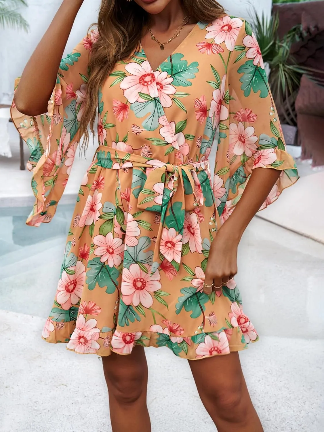 Women's Boho Floral V Neck Ruffled Swing Dress for Party