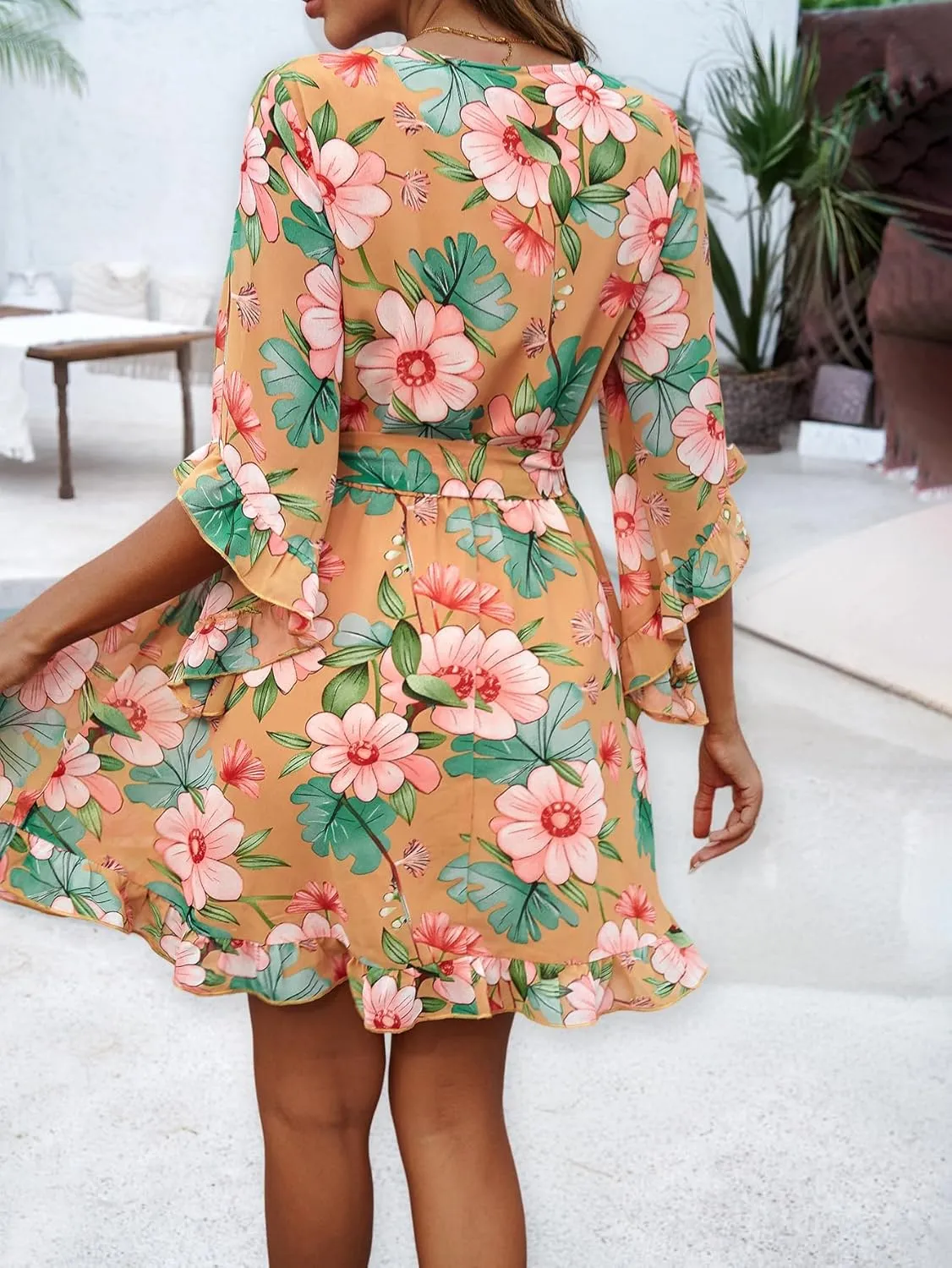 Women's Boho Floral V Neck Ruffled Swing Dress for Party