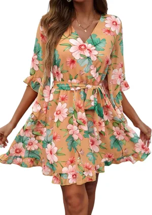 Women's Boho Floral V Neck Ruffled Swing Dress for Party