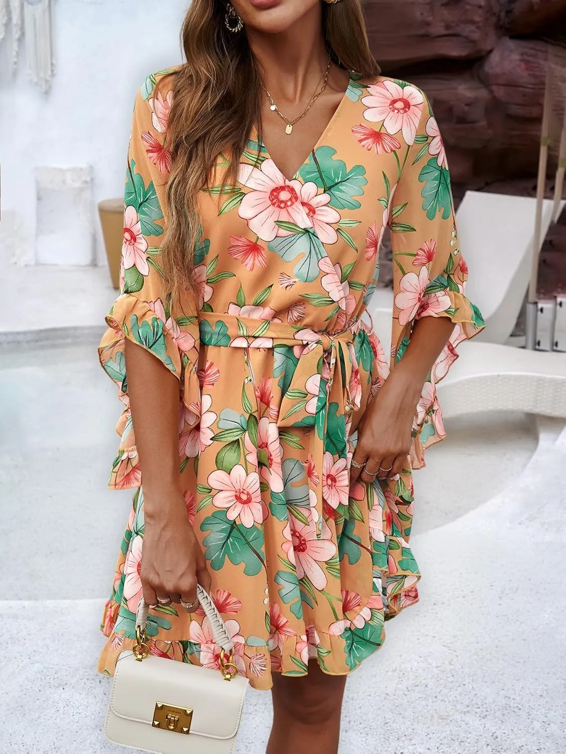 Women's Boho Floral V Neck Ruffled Swing Dress for Party