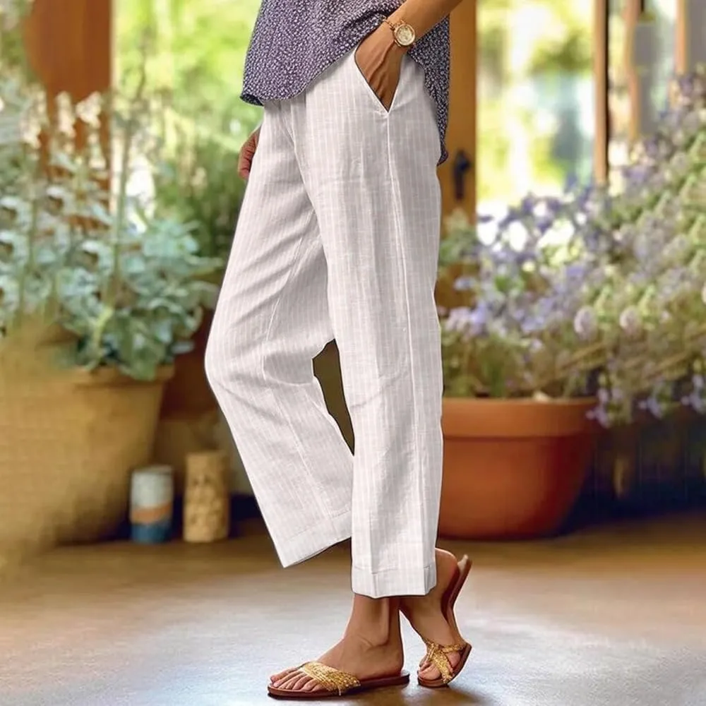 Women's Linen Pants, Side Stripe, Elastic Waist, Straight Leg, Summer Beach Vacation