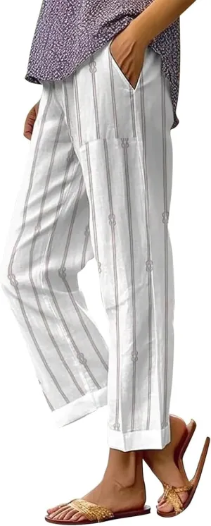 Women's Linen Pants, Side Stripe, Elastic Waist, Straight Leg, Summer Beach Vacation