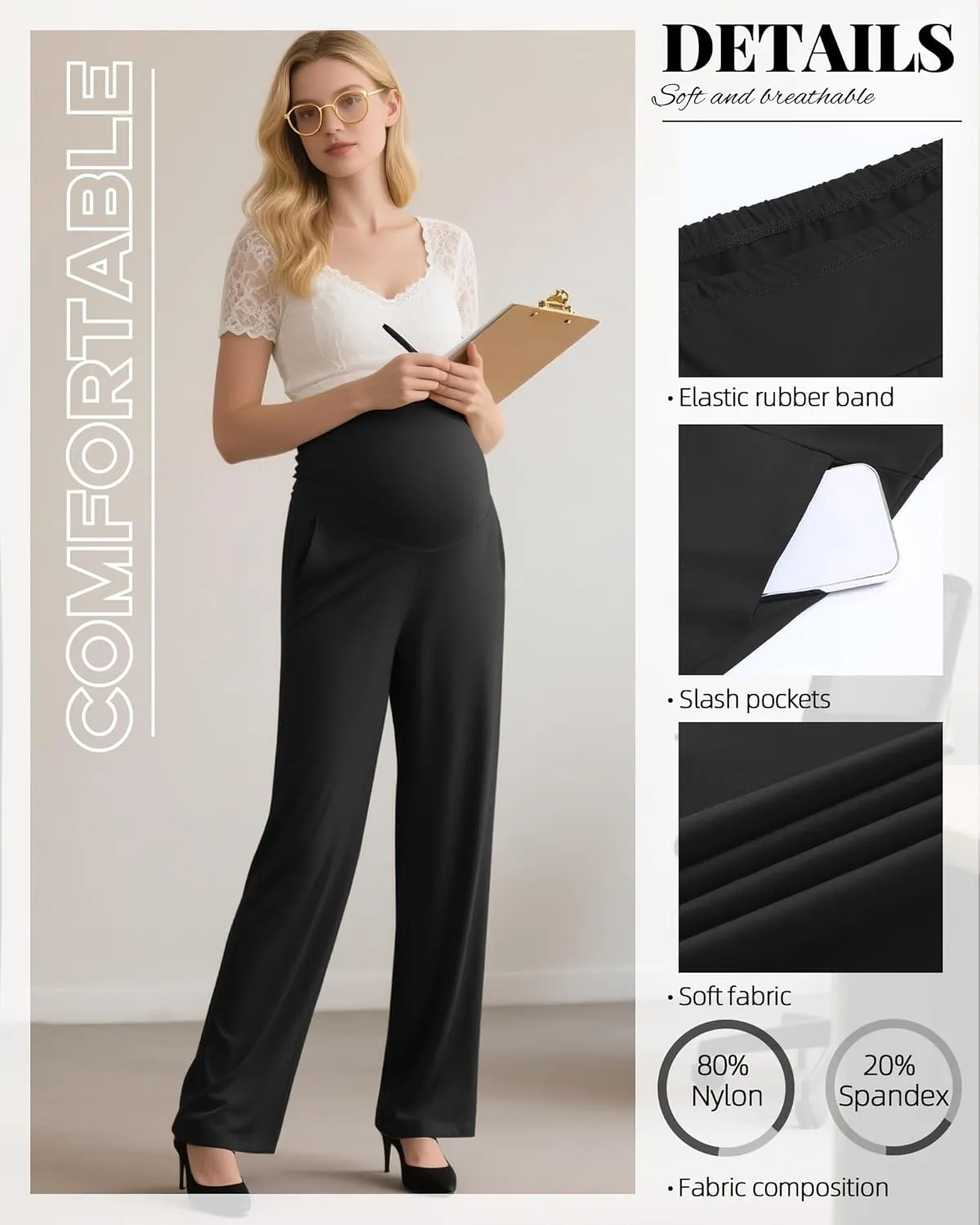 Women's Maternity Pants Over The Belly Pregnancy Clothes for Work Stretchy Straight Dress Pants with Pockets