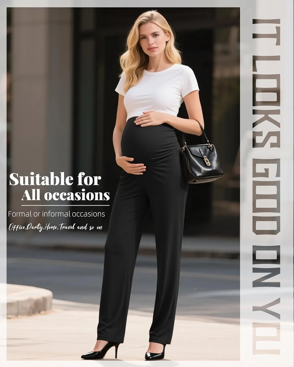 Women's Maternity Pants Over The Belly Pregnancy Clothes for Work Stretchy Straight Dress Pants with Pockets
