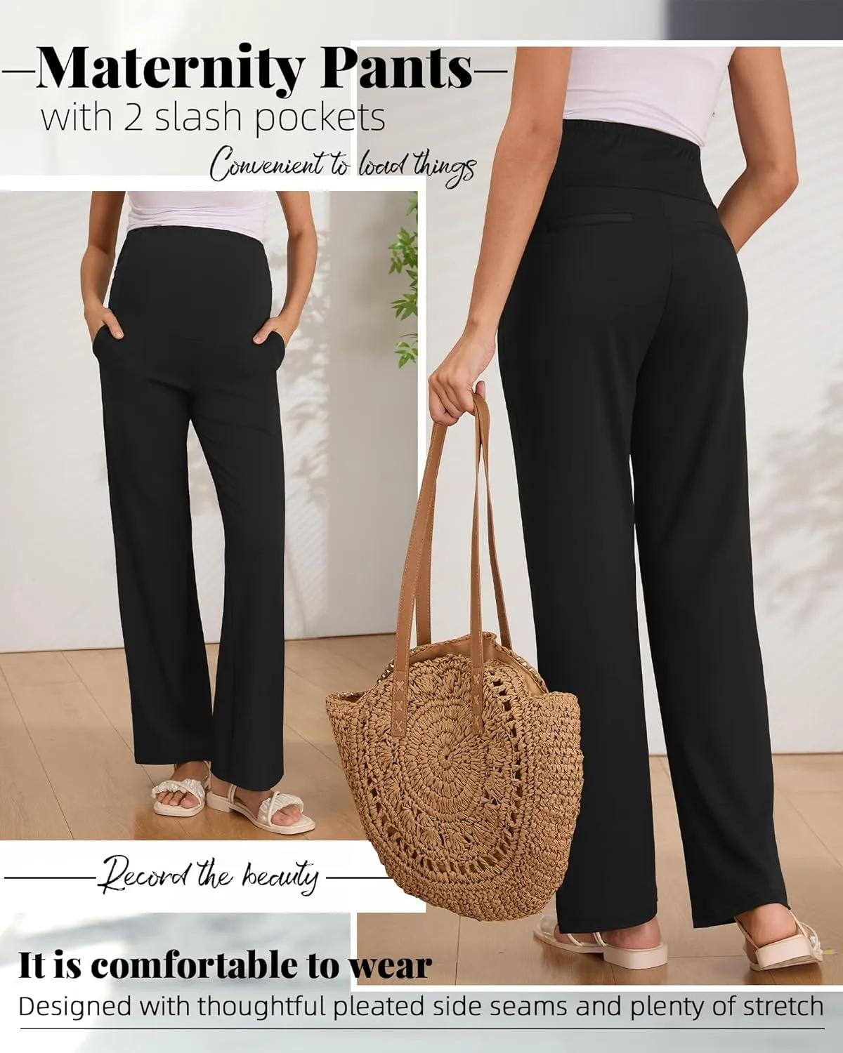 Women's Maternity Pants Over The Belly Pregnancy Clothes for Work Stretchy Straight Dress Pants with Pockets