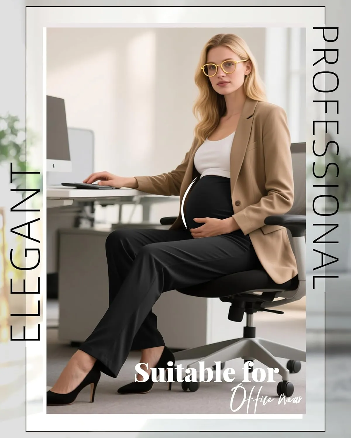 Women's Maternity Pants Over The Belly Pregnancy Clothes for Work Stretchy Straight Dress Pants with Pockets