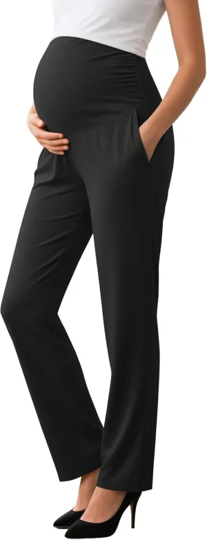Women's Maternity Pants Over The Belly Pregnancy Clothes for Work Stretchy Straight Dress Pants with Pockets