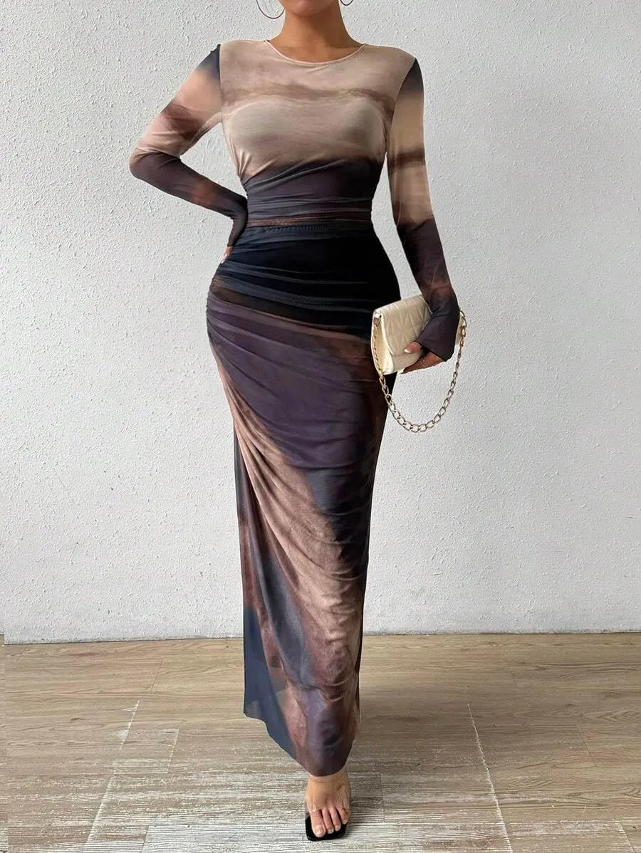 Women's Printed Bodycon Maxi Dress Long Sleeve Tie Dye Mesh Layered Dress