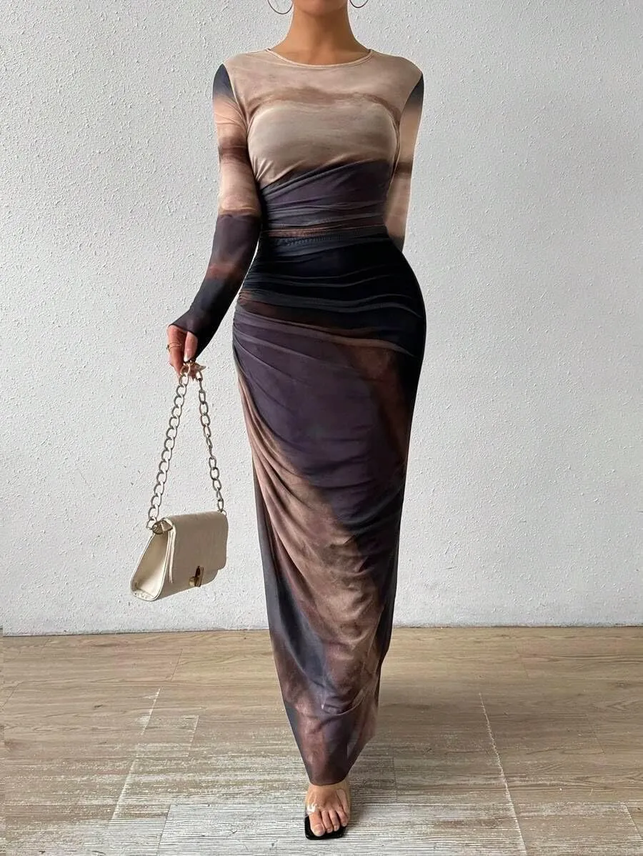 Women's Printed Bodycon Maxi Dress Long Sleeve Tie Dye Mesh Layered Dress