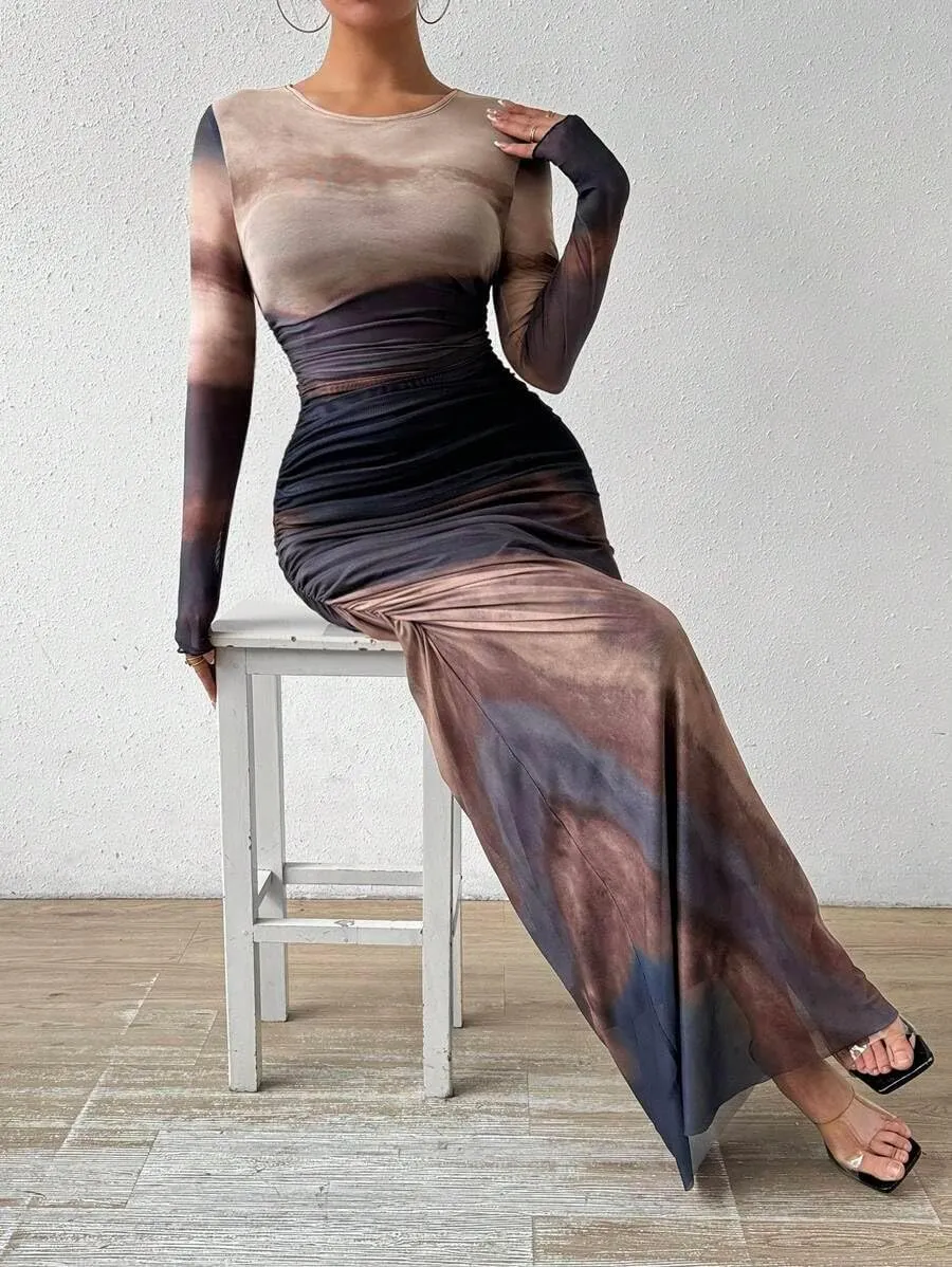 Women's Printed Bodycon Maxi Dress Long Sleeve Tie Dye Mesh Layered Dress