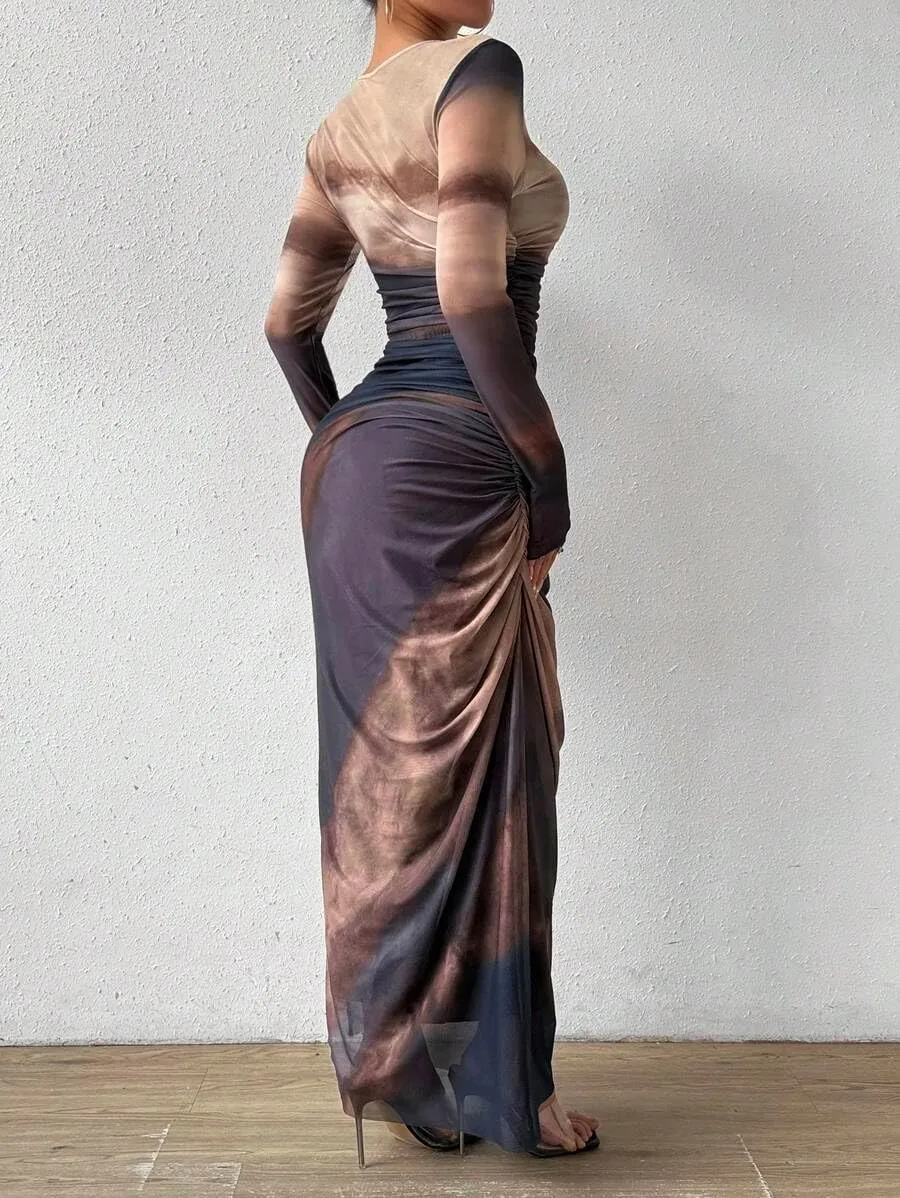 Women's Printed Bodycon Maxi Dress Long Sleeve Tie Dye Mesh Layered Dress