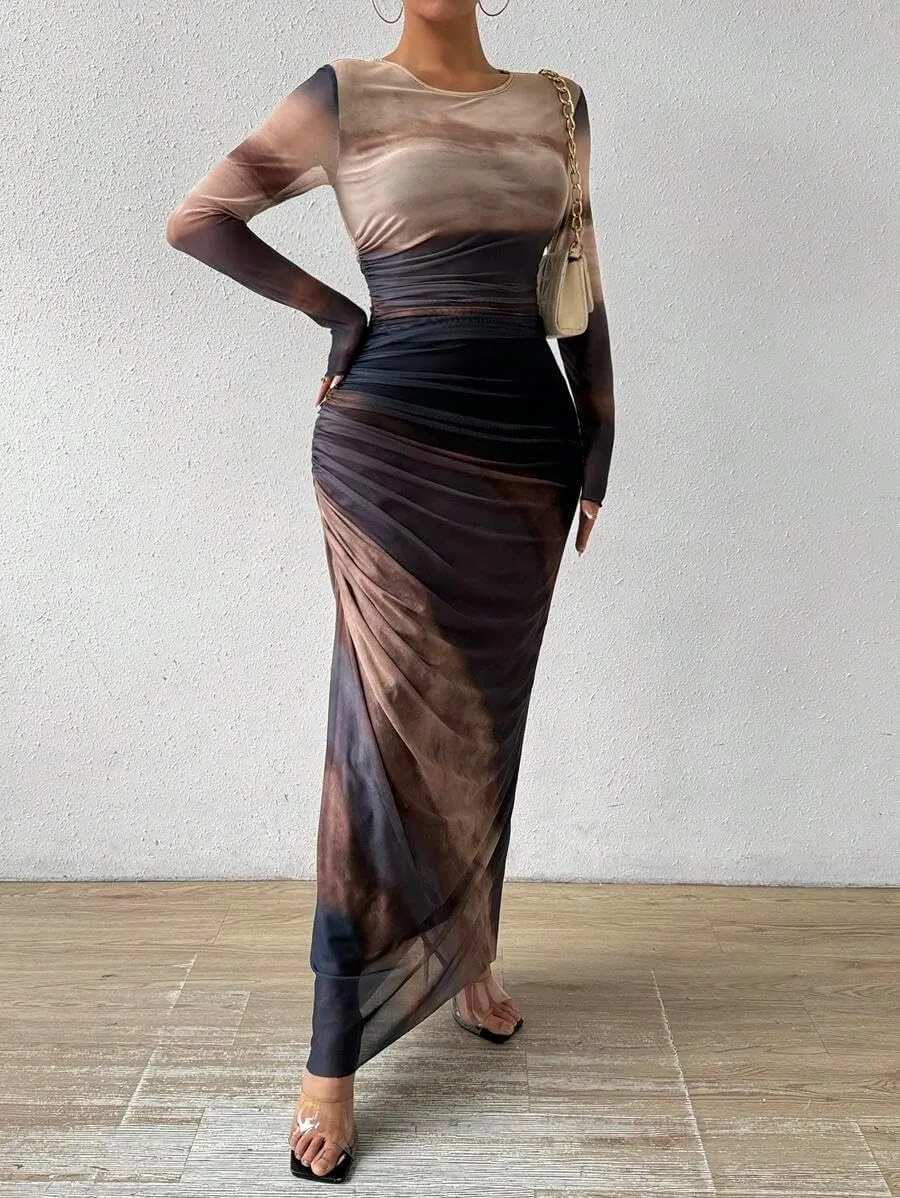 Women's Printed Bodycon Maxi Dress Long Sleeve Tie Dye Mesh Layered Dress