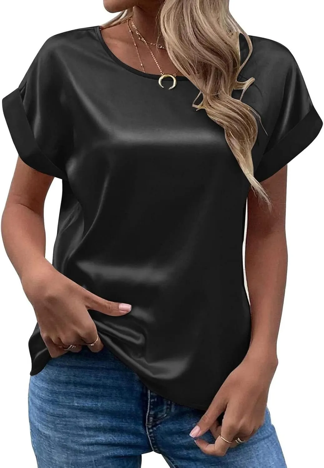 Womens Satin Top Elegant Round Neck Rolled Short Sleeve Thin Silk Shirt Solid Loose Crew Neck Office T-Shirt Blouse