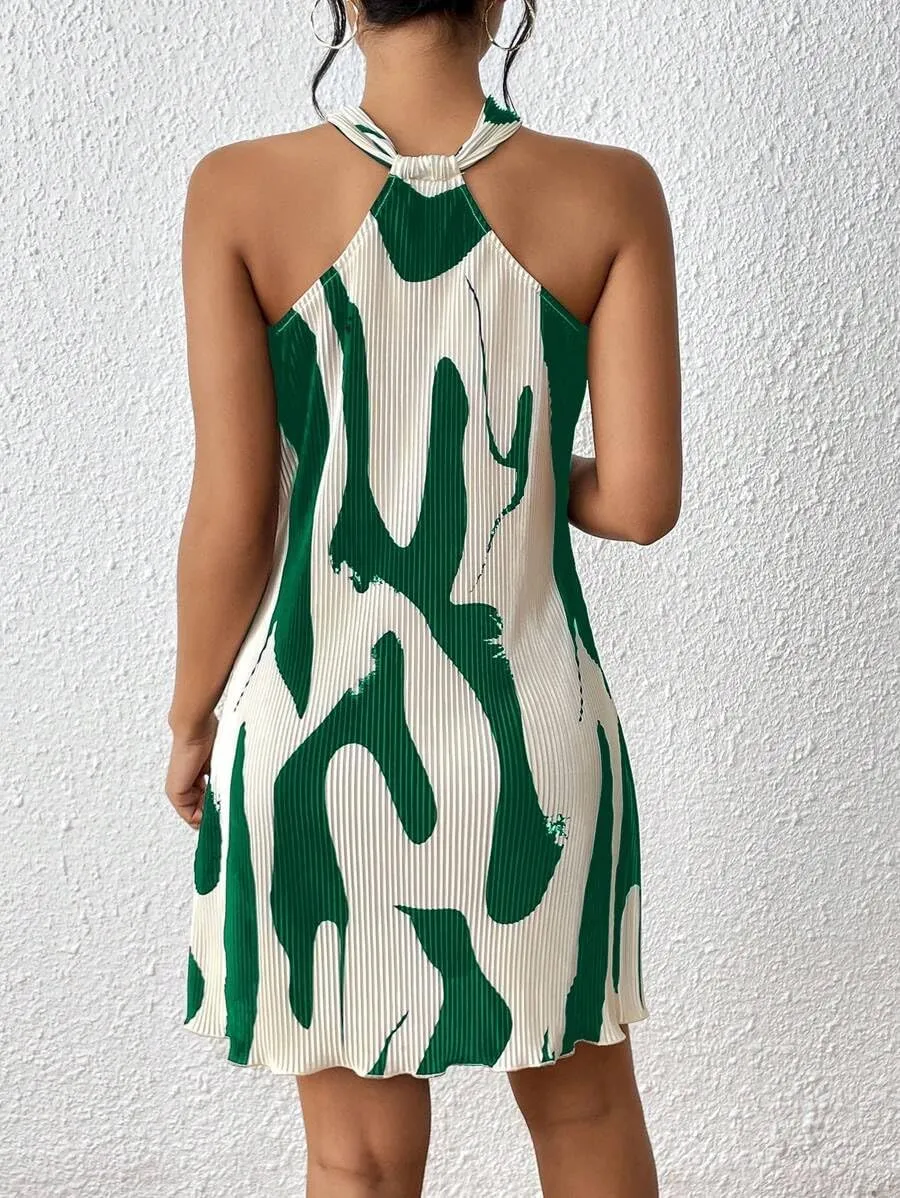Women's Summer Dress Printed Halter Neck Mini Casual Pleated Sundress Party Date Outfit