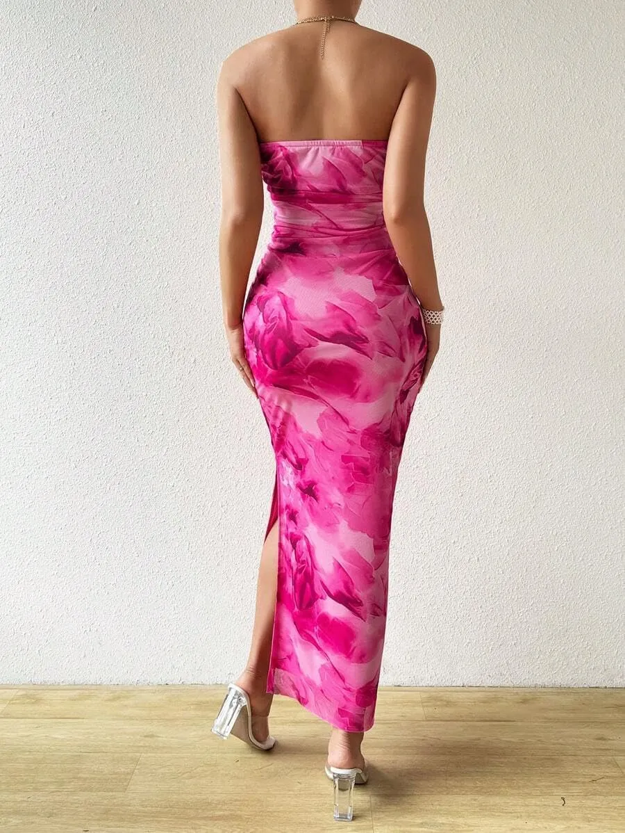 Women's Summer Dress Printed Strapless Tube Bodycon Maxi Side Slit Mesh Layered