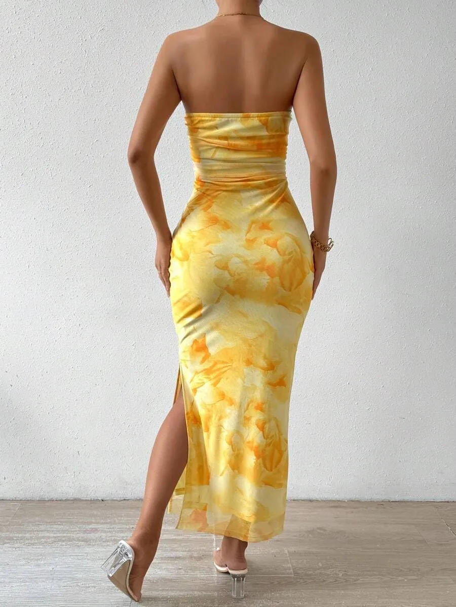 Women's Summer Dress Printed Strapless Tube Bodycon Maxi Side Slit Mesh Layered