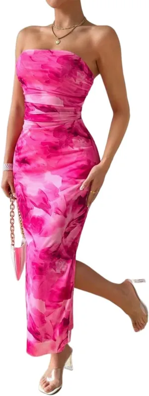 Women's Summer Dress Printed Strapless Tube Bodycon Maxi Side Slit Mesh Layered