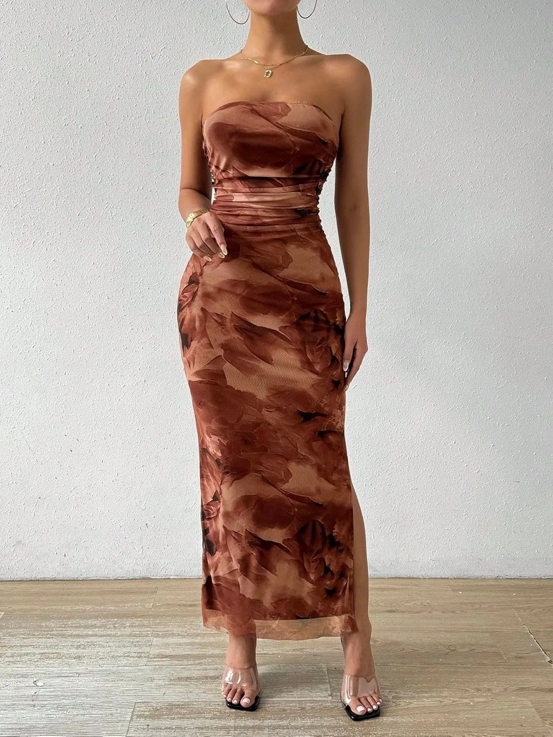 Women's Summer Dress Printed Strapless Tube Bodycon Maxi Side Slit Mesh Layered