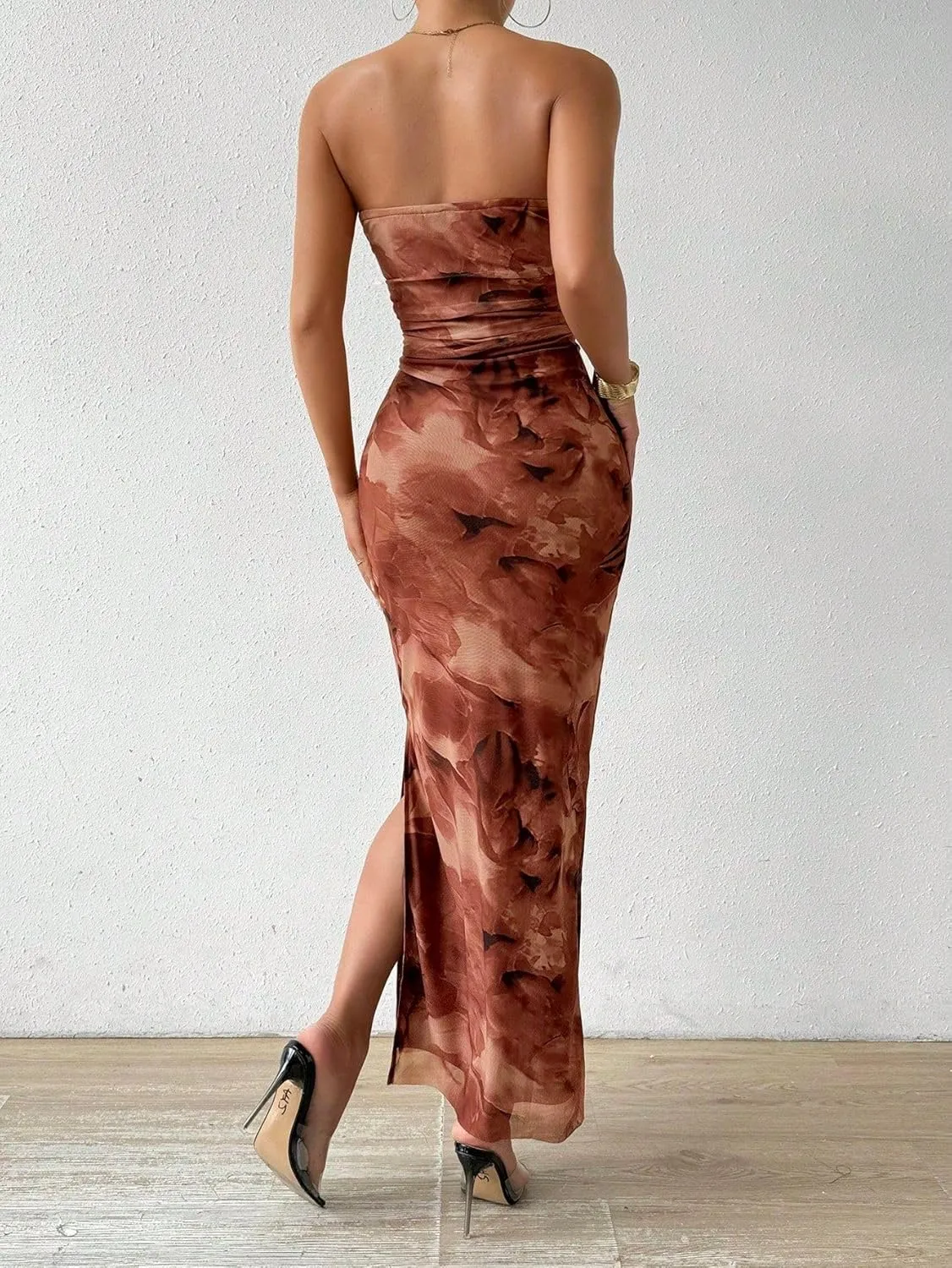 Women's Summer Dress Printed Strapless Tube Bodycon Maxi Side Slit Mesh Layered