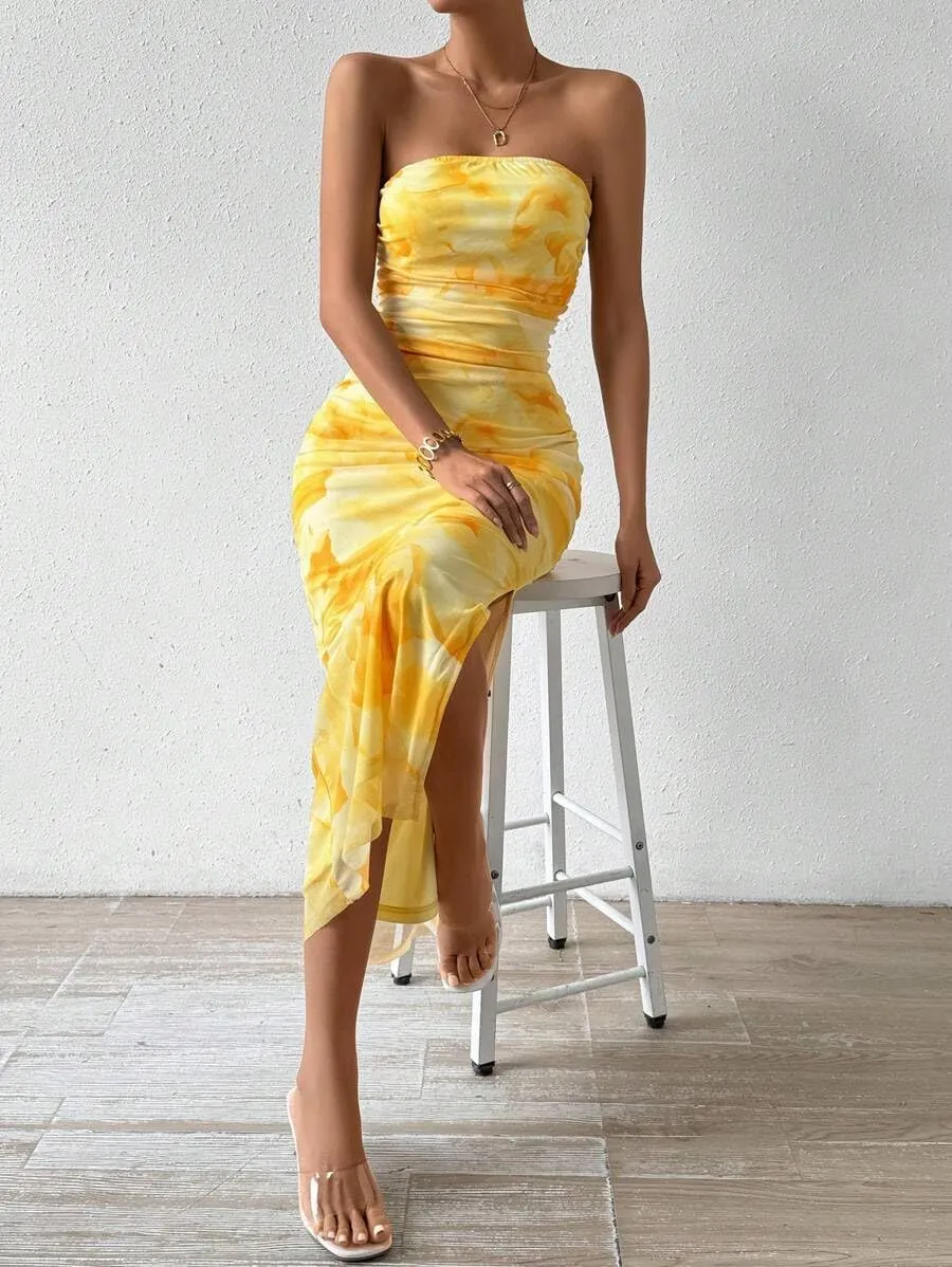 Women's Summer Dress Printed Strapless Tube Bodycon Maxi Side Slit Mesh Layered