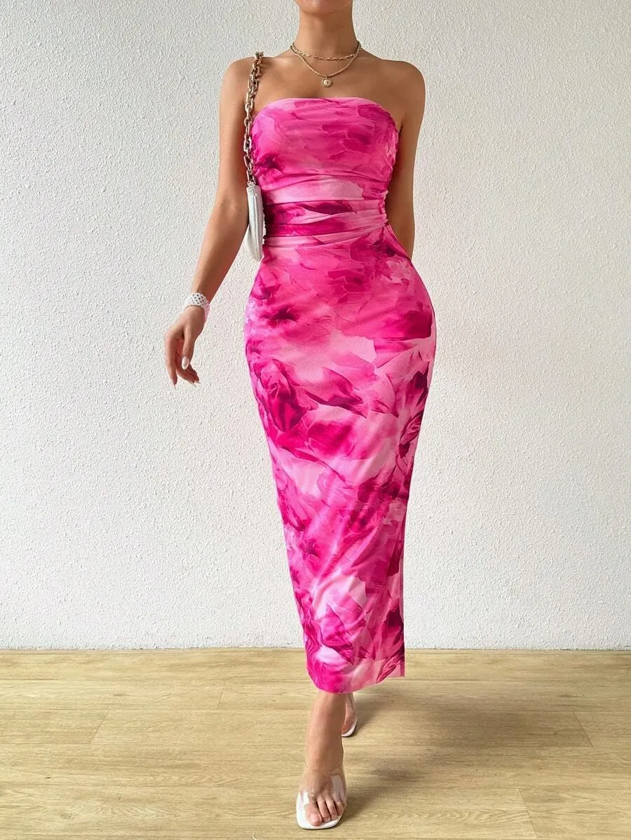 Women's Summer Dress Printed Strapless Tube Bodycon Maxi Side Slit Mesh Layered