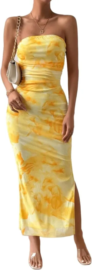 Women's Summer Dress Printed Strapless Tube Bodycon Maxi Side Slit Mesh Layered