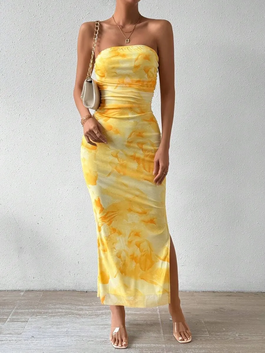 Women's Summer Dress Printed Strapless Tube Bodycon Maxi Side Slit Mesh Layered