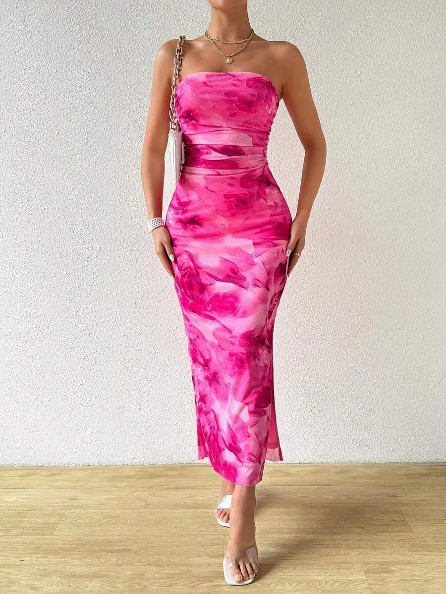 Women's Summer Dress Printed Strapless Tube Bodycon Maxi Side Slit Mesh Layered