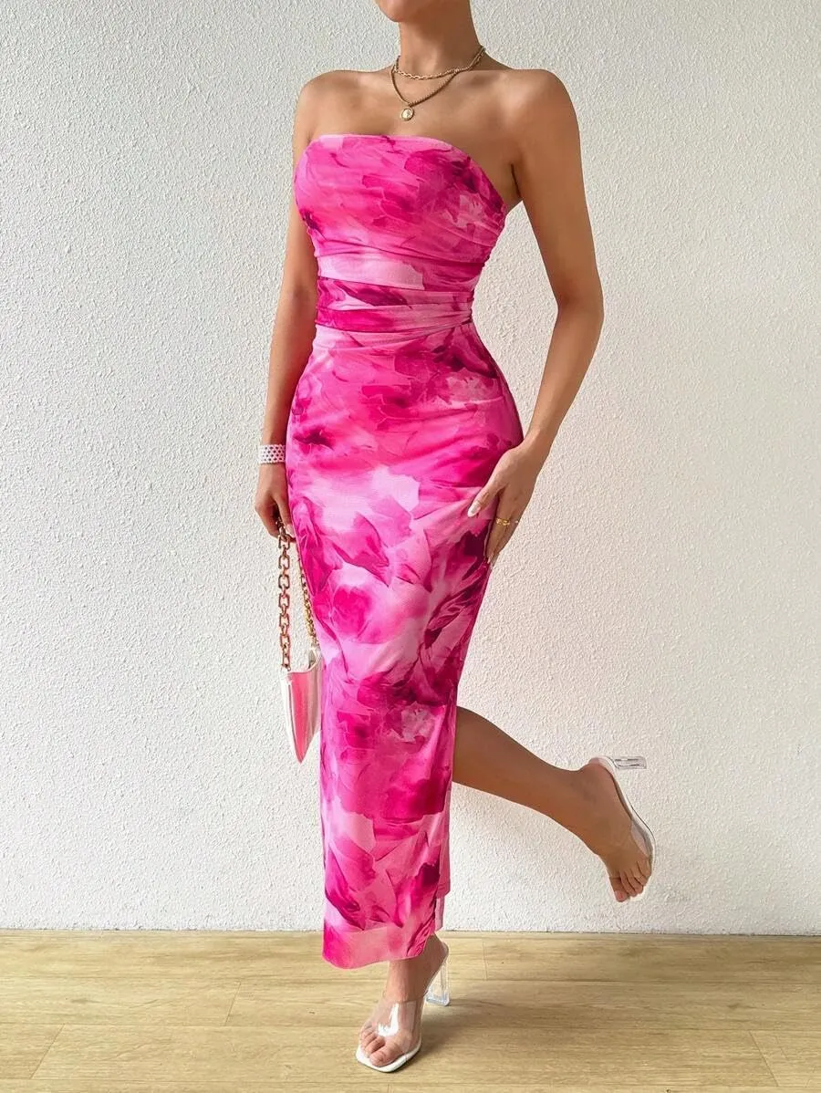 Women's Summer Dress Printed Strapless Tube Bodycon Maxi Side Slit Mesh Layered