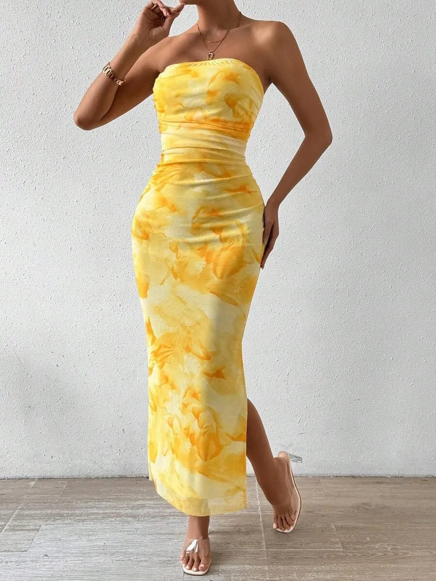 Women's Summer Dress Printed Strapless Tube Bodycon Maxi Side Slit Mesh Layered