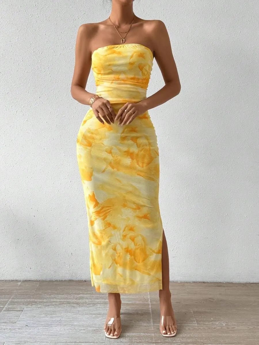 Women's Summer Dress Printed Strapless Tube Bodycon Maxi Side Slit Mesh Layered