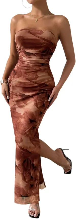 Women's Summer Dress Printed Strapless Tube Bodycon Maxi Side Slit Mesh Layered