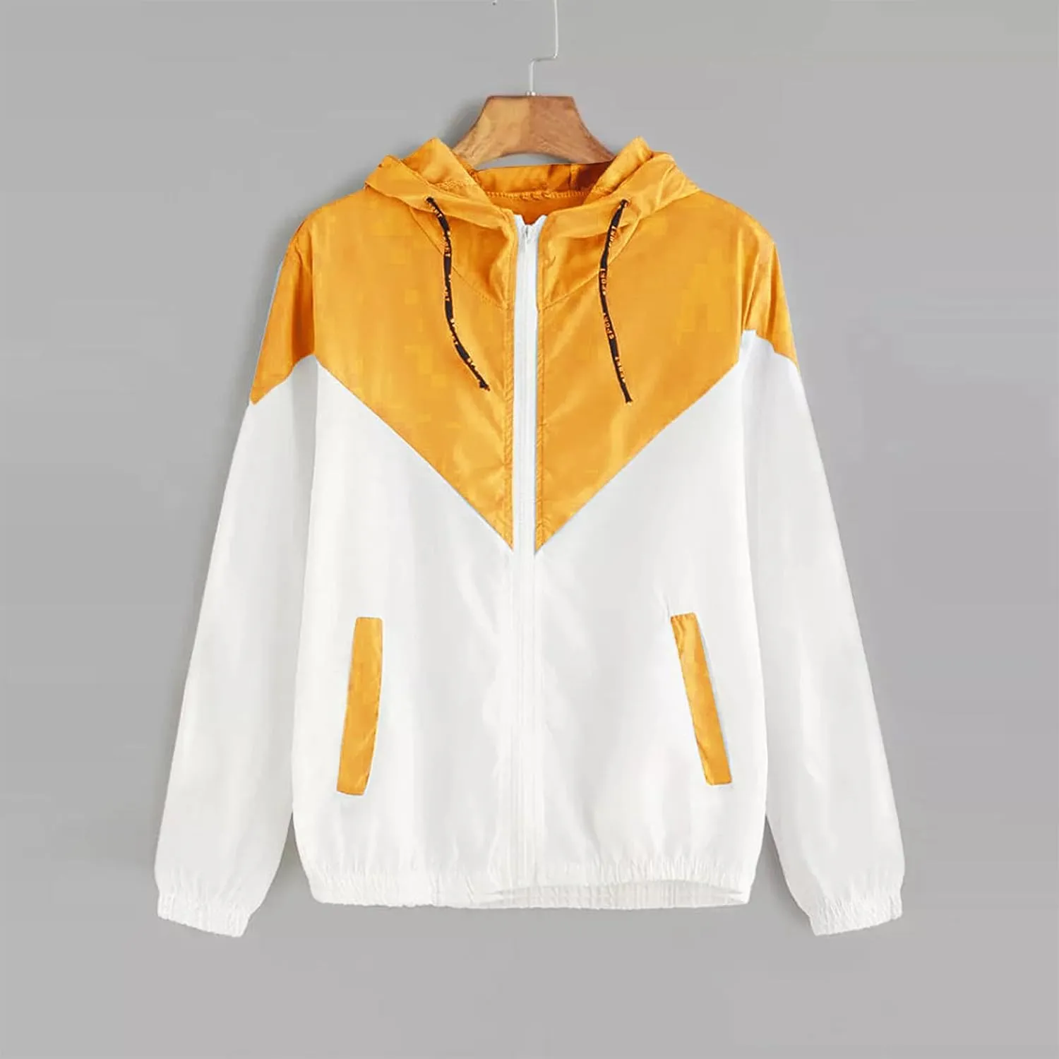Womens Windbreaker Jacket Color Block Drawstring Hooded Sports Jacket Lightweight Outdoor Raincoat