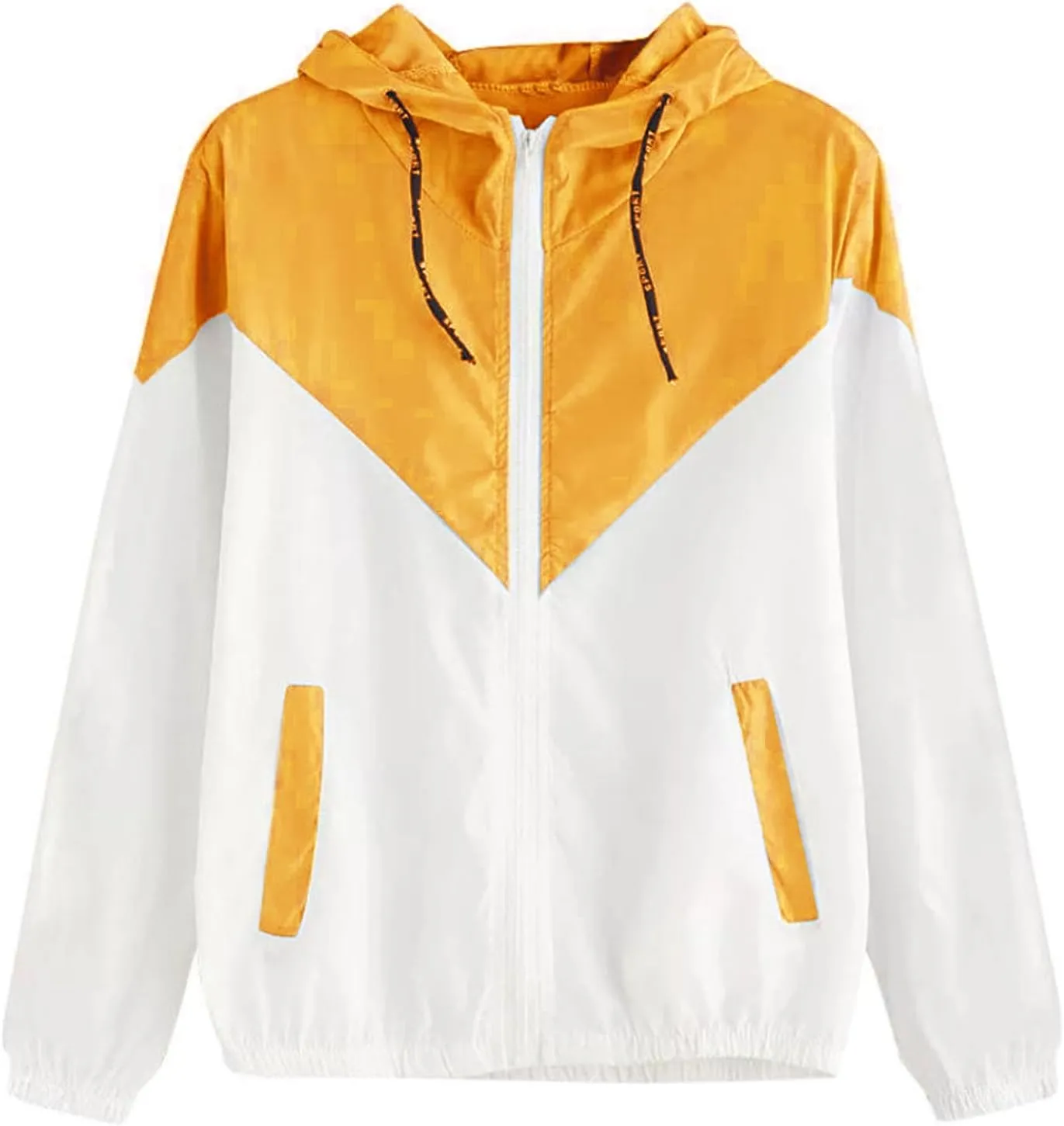 Womens Windbreaker Jacket Color Block Drawstring Hooded Sports Jacket Lightweight Outdoor Raincoat