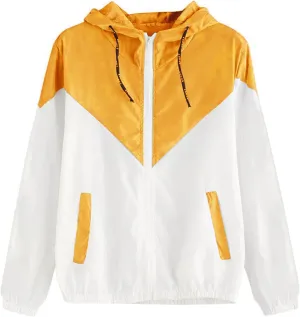Womens Windbreaker Jacket Color Block Drawstring Hooded Sports Jacket Lightweight Outdoor Raincoat