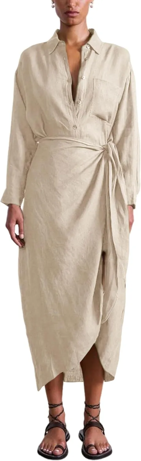 Yeokou Women Cotton Linen Wrap Shirt Maxi Dress Button Down Long Sleeve Lapel Asym Slit Hem Sundress