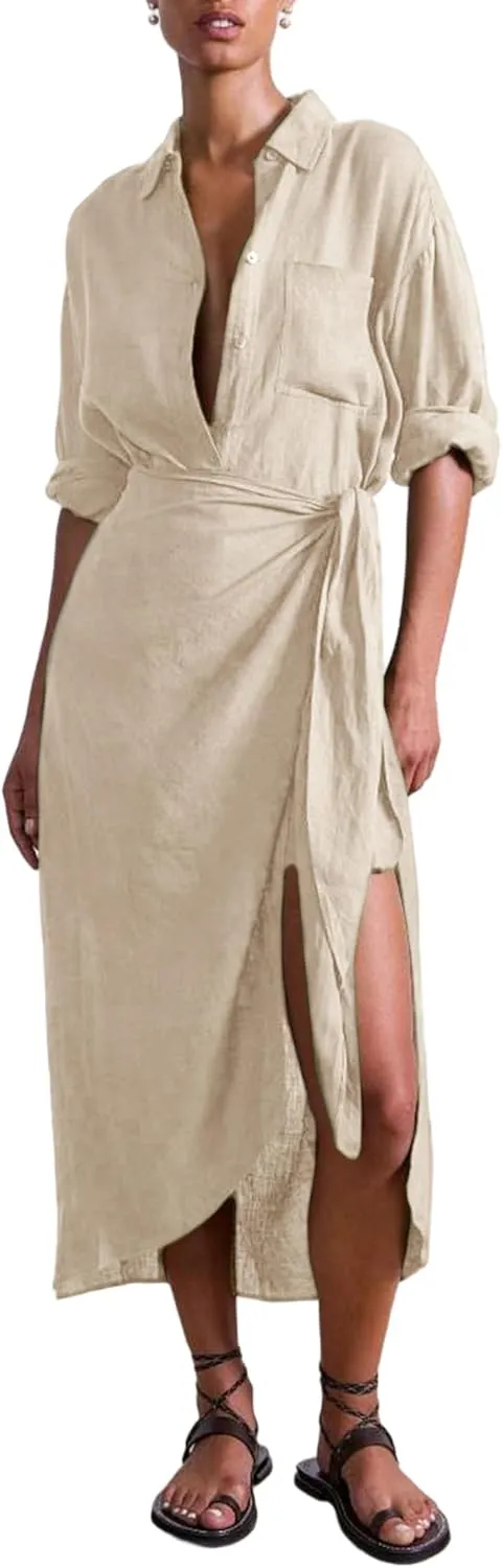 Yeokou Women Cotton Linen Wrap Shirt Maxi Dress Button Down Long Sleeve Lapel Asym Slit Hem Sundress