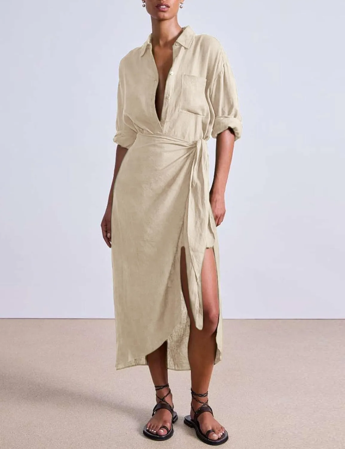 Yeokou Women Cotton Linen Wrap Shirt Maxi Dress Button Down Long Sleeve Lapel Asym Slit Hem Sundress