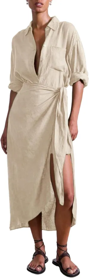 Yeokou Women Cotton Linen Wrap Shirt Maxi Dress Button Down Long Sleeve Lapel Asym Slit Hem Sundress