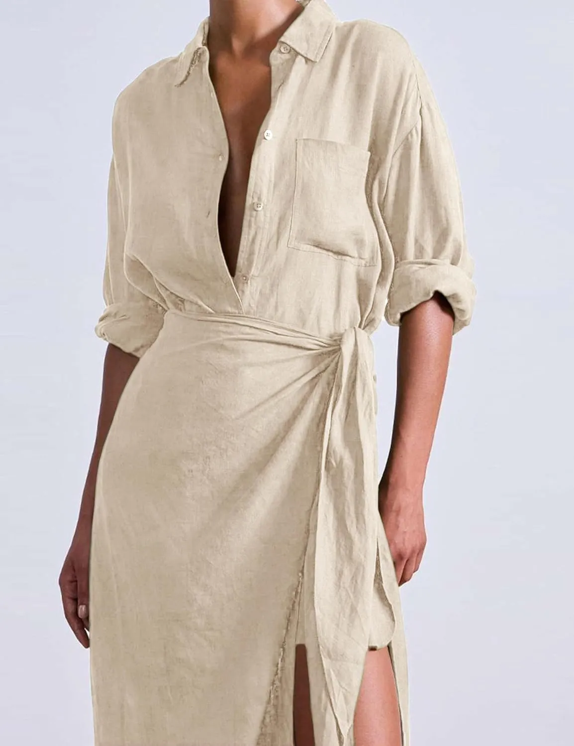 Yeokou Women Cotton Linen Wrap Shirt Maxi Dress Button Down Long Sleeve Lapel Asym Slit Hem Sundress